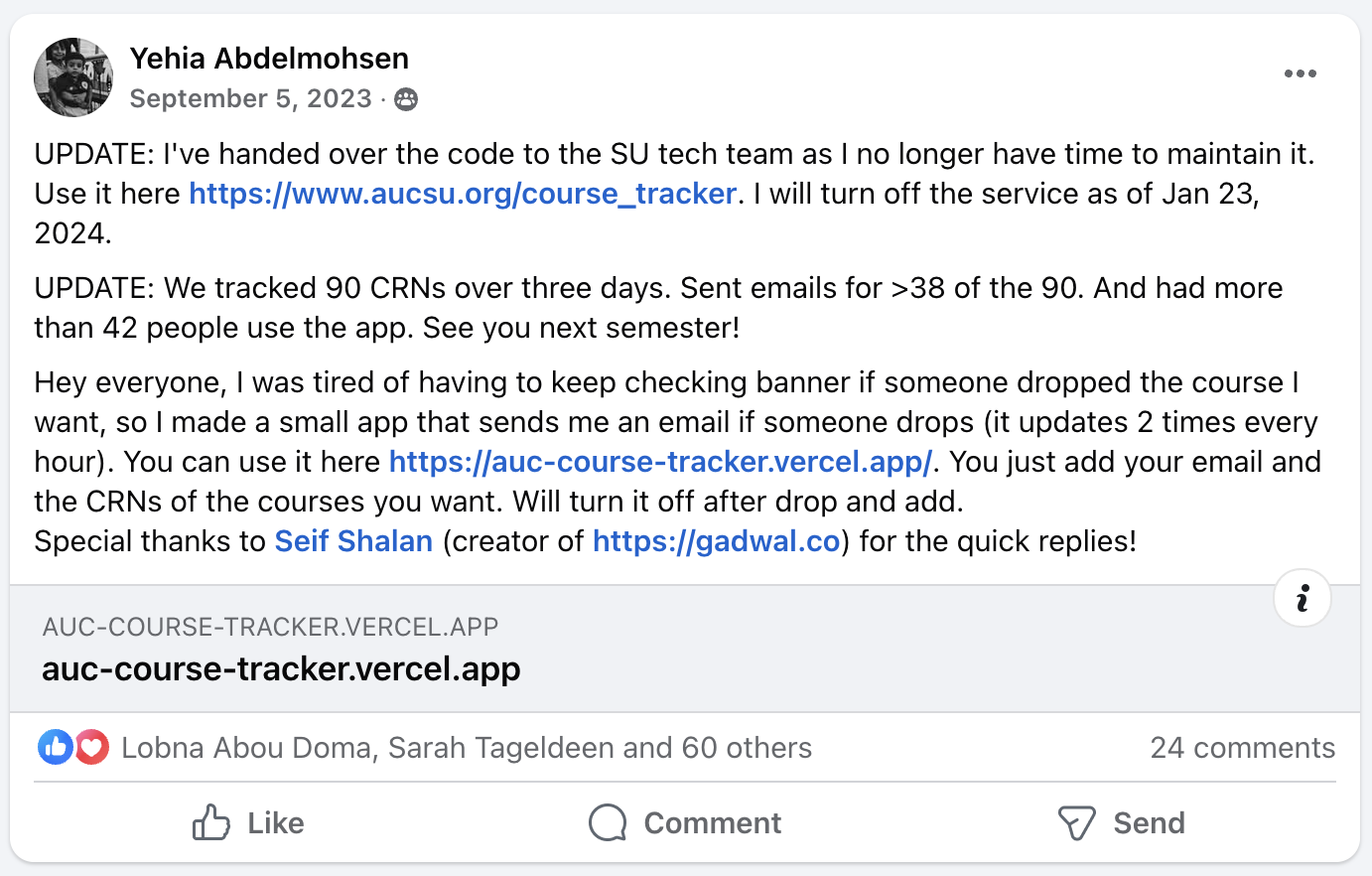 FB post that shows Yehia sharing AUC course tracker